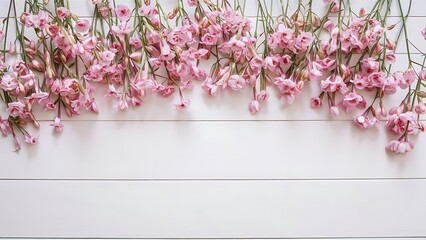 Beautiful pink coral eustoma flowers on white wooden background top view
