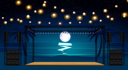 wooden stage with spotlight on the truss system on the beach in the night