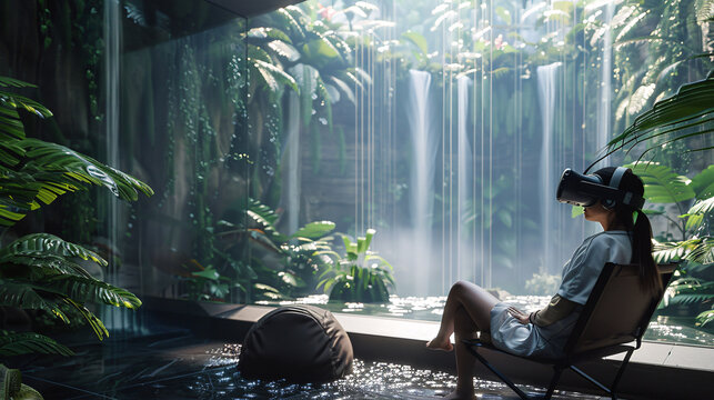 A woman is sitting in a chair in a lush green forest, wearing a virtual reality headset. Concept of relaxation and escape from the outside world, as the woman immerses herself in a virtual environment