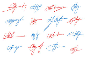 Handwritten collection of fake scribble signature in ink. Handwritten set of inked autographs. Collection of imaginary scribble signatures.