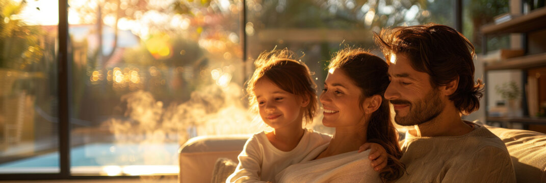 Happy family relaxing on sofa under air conditioner with air flow in living room. Green clean air living room concept.