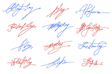 Handwritten collection of fake scribble signature in ink. Handwritten set of inked autographs. Collection of imaginary scribble signatures.