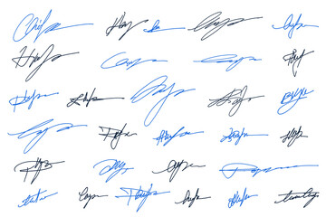 Handwritten collection of fake scribble signature in ink. Handwritten set of inked autographs. Collection of imaginary scribble signatures.