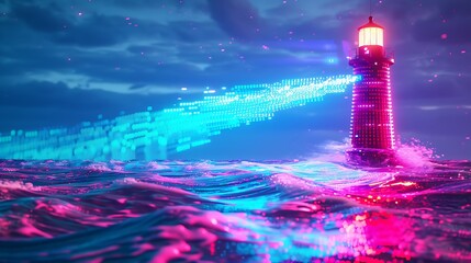 A neon lighthouse beaming data signals across a stormy sea of code, guiding lost packets home