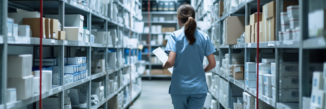 A female nurse in blue attire checks inventory in a medical storage room with shelves full of supplies