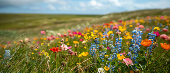 A photo featuring a coastal dune landscape with sea grass and wildflowers. Highlighting the natural beauty and untouched scenery, 