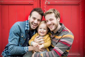 Gay Dads Tenderly Embracing Their Adopted Son in a Heartwarming Family Portrait