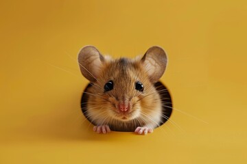 A small mouse is peeking out of a hole in a wall