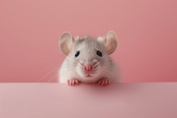 A small mouse is peeking out of a hole in a wall