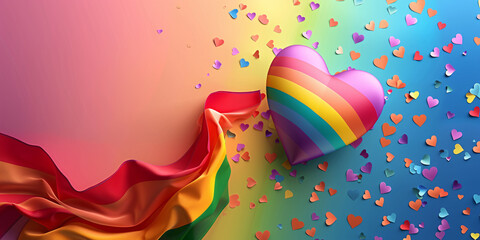 A rainbow flag with a rainbow heart and rainbow hearts scattered around it