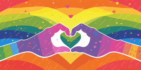 A rainbow with two hands holding a heart