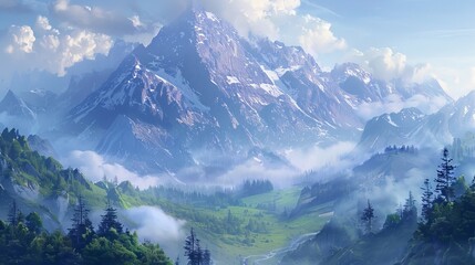 a mountain landscape with soft mist and gentle slopes, calming and serene