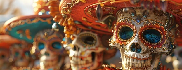 Close-up of colorful, ornate sugar skulls with blue eyes, traditional Mexican Day of the Dead decoration.