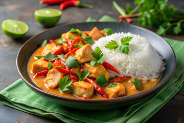Thai food, Thai chicken red curry with stream rice (panang) in a green plate on grey background