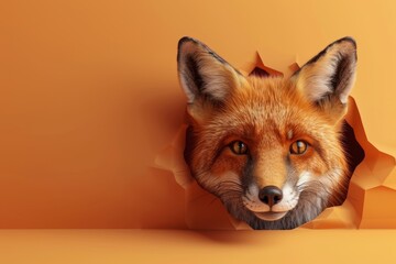 Obraz premium A fox is peeking out of a hole in a wall