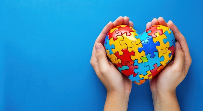 hands holding puzzle hearts on a light blue background. World autism awareness day concept.