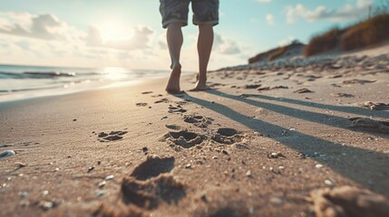 A realistic photograph capturing the footprints of a young man who just walked by on a beach