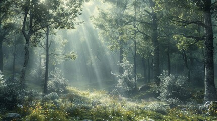 Obraz premium a peaceful forest with sunlight filtering through the trees, soft shadows and gentle light