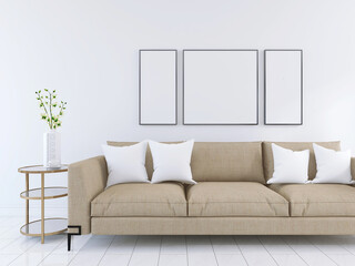 3D Rendered Modern Living Room Frame Mockup with sofa. 3D Render