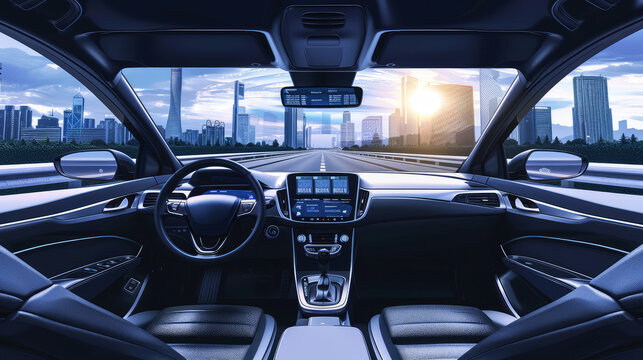 interior of a modern self-driving car with a picturesque city road of a metropolis outside the windows, without a driver at the wheel