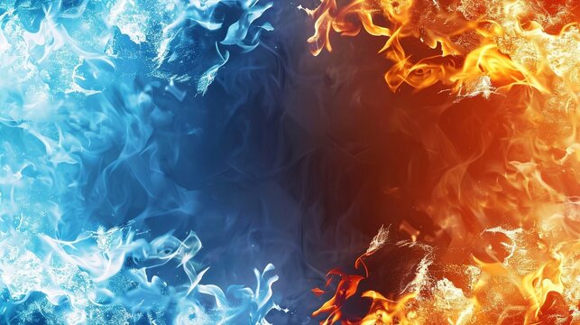 Fiery border of flames contrasts with icy edges, framing a cloud-like rectangle of empty space in the center.