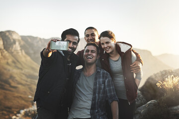 Nature, selfie and friends in mountain for hiking, adventure and natural environment in Canada. People, trekking and photography outdoor for memory, experience and picture together with smile