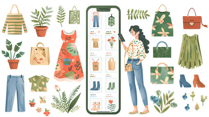Woman shopping for eco-friendly fashion online generated with AI