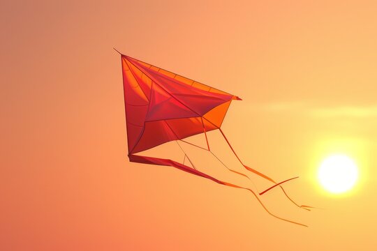 A red kite is flying in the sky above a calm body of water