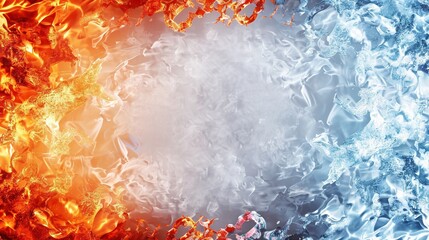 Glowing flames and jagged ice crystals create a striking border around a cloud-like rectangle, offering a unique copy space.