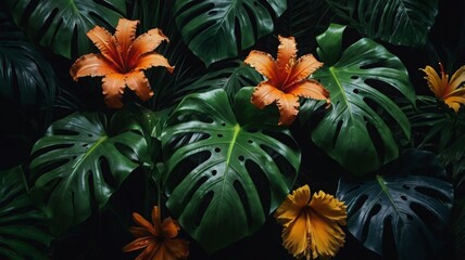 Green tropical leaves and yellow flowers on a black background,
