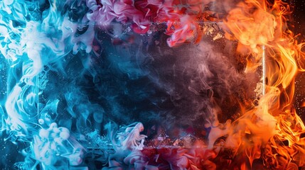 Molten lava borders a cloud-filled void, creating a surreal contrast of heat and cold in this fiery and icy composition.