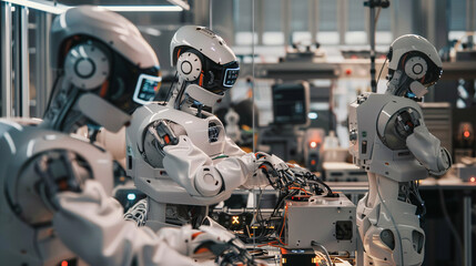 Fototapeta premium A robots are standing in a room with a white background. They are all white and have a robotic appearance