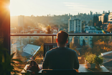 Home office setup on a sunny balcony with an employee working on a laptop, cityscape view, and morning light. Generative AI