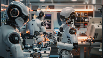 Fototapeta premium A robots are standing in a room with a white background. They are all white and have a robotic appearance