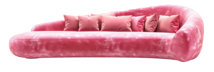 Pink plush lounge sofa with multiple cushions transparent background