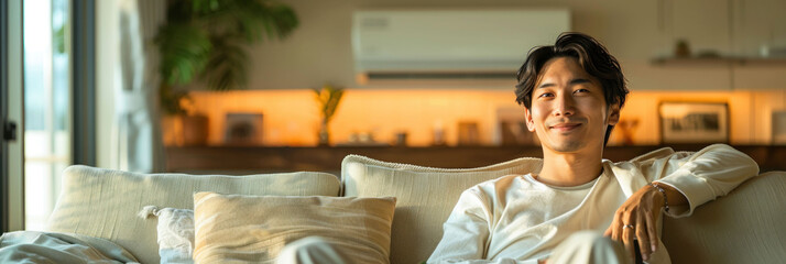 Happy asian man relaxing on sofa under air conditioner with air flow in living room. Green clean air living room concept.