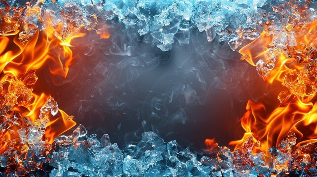 A battleground of fire and ice creates a dramatic frame around a central area of swirling clouds, perfect for text or design.