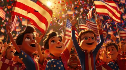 Fototapeta premium A group of animated characters waves American flags in excitement, celebrating Independence Day in vibrant 3D animation