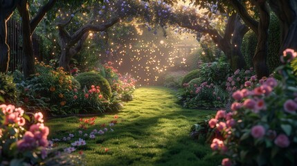 a serene garden with soft lighting and blooming flowers, peaceful and inviting
