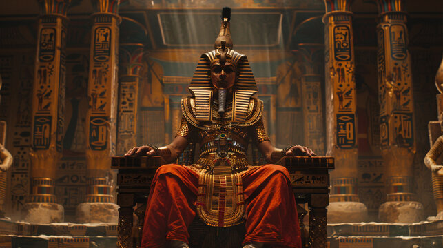 An ancient Egyptian pharaoh sits on a throne in a room with hieroglyphics on the walls