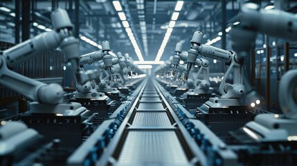 Fototapeta premium A factory with many robots on a conveyor belt