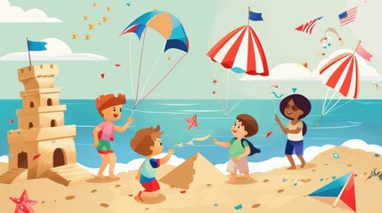 Fototapeta premium In a playful cartoon world, children build sandcastles on the beach and fly kites in celebration of Independence Day