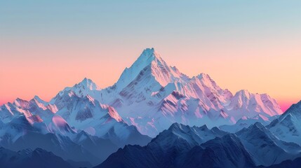 Stunning Panoramic View of Snow-Capped Mountain Range Against Minimalist Gradient Sunset Sky