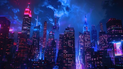 Obraz premium In an animated metropolis, skyscrapers light up with red, white, and blue lights to honor Independence Day