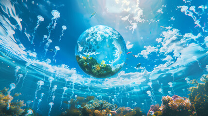 Naklejka premium a holographic globe suspended in clear blue ocean water, surrounded by jellyfish and underwater flora