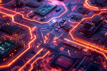 Obraz premium Intricately Woven Circuit Patterns in Vibrant Neon Tones,Ideal for Cutting-Edge Tech Magazine Cover