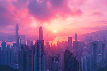 Fototapeta premium Bustling Metropolis at Pastel-Hued Sunrise with Iconic Skyscrapers Reaching into the Sky