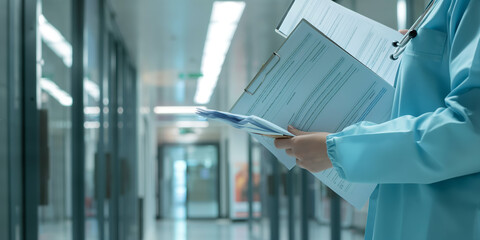 A focused medical professional holding files and paperwork standing in a hospital corridor