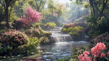 a tranquil garden with blooming flowers and gentle streams, soft and soothing colors