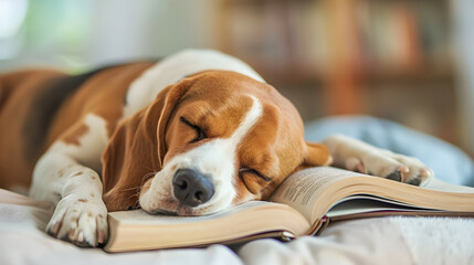 Beagle dog sleeping on the open book in pastel background. creative concept